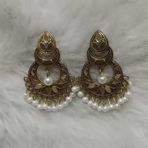 Antique gold brown chandbali earrings with pearl fringe