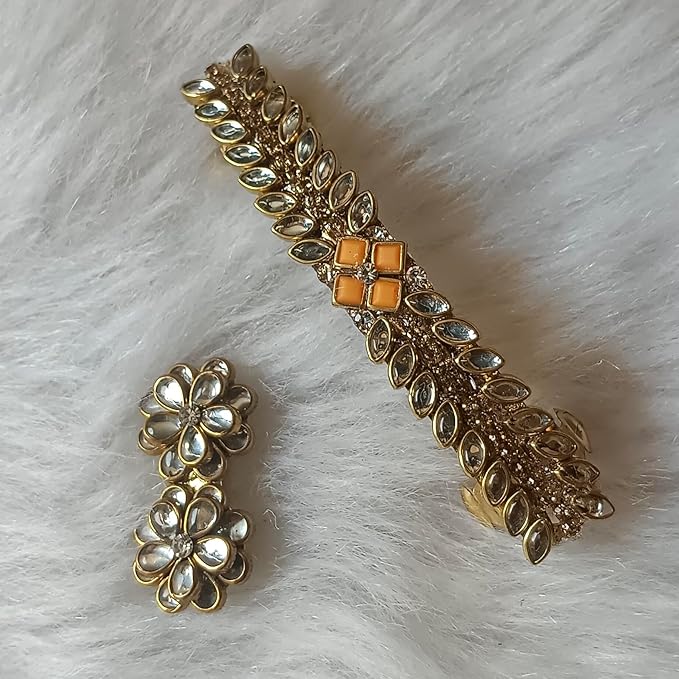 orange kundan saree pin & eye shaped hair clip set β gold tone traditional ethnic accessory for weddings & festivals π§‘β¨ orange kundan saree pin & eye shaped hair clip set β gold tone traditional ethnic accessory for weddings & festivals π§‘β¨