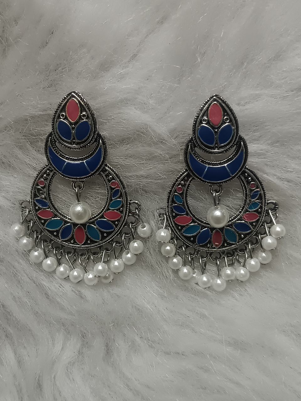 Blue Pink Chandbali Earrings Navy blue pink chandbali earrings with pearl fringe