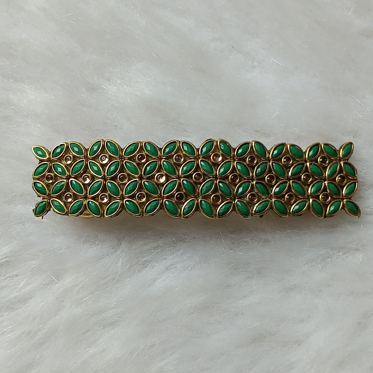 Emerald Green Designer Stone Hair Clip for Women – Gold Finish 3.07 Inch Barrette