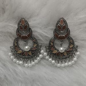 Brown amber chandbali earrings with pearl fringe