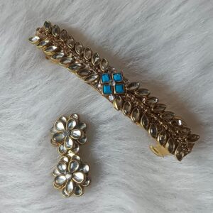 charming stylish kundan saree pin & eye shape kundan hair clip – lite blue elegant ethnic accessory