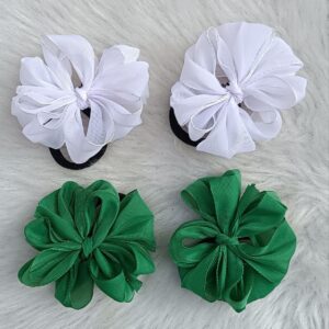 Set of two white and green chiffon flower hair ties with elastic bands