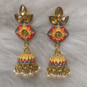 Multicolour enamel jhumka earrings with pearl drops
