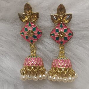 Pink and green enamel jhumka earrings with pearl drops
