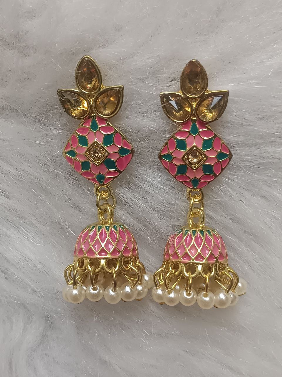 Pink Green Enamel Jhumka Earrings Pink and green enamel jhumka earrings with pearl drops