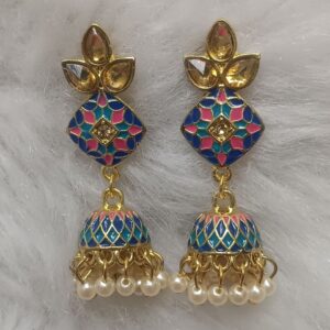 Royal blue and red enamel jhumka earrings with pearl drops