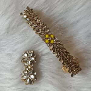 charming stylish kundan saree pin and eye shape kundan hair clip – yellow