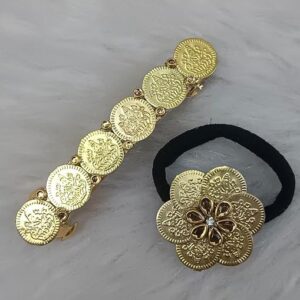 gold coin barrette hair clip & hair band set – traditional ethnic metal hair accessories for women & girls