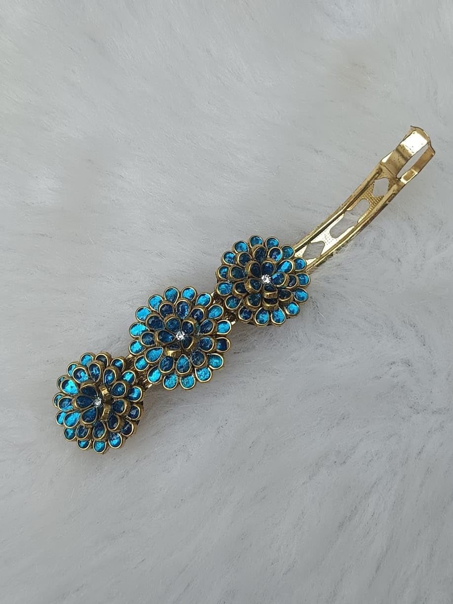 drop shape kundan hair clip – glass lite blue | elegant ethnic hair accessory for women & girls drop shape kundan hair clip – glass lite blue | elegant ethnic hair accessory for women & girls