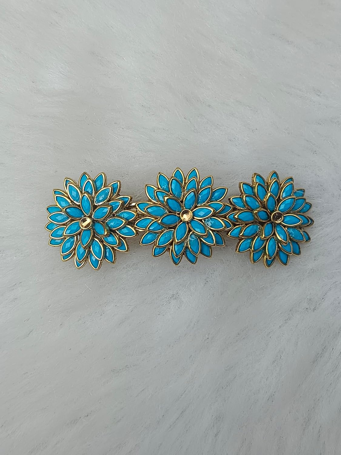 Turquoise Blue Floral Stone Hair Clip for Women – Gold Finish 3.07 Inch Barrette