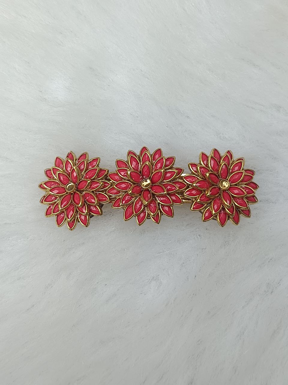 Red Floral Stone Hair Clip for Women – Gold Finish 3.07 Inch Barrette