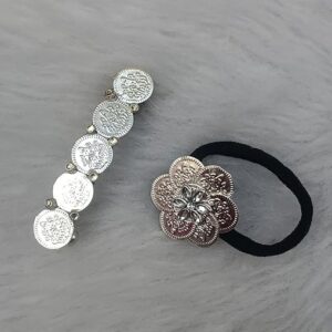 silver coin barrette hair clip & hair band set for women – vintage ethnic metal hair accessories with antique coin design