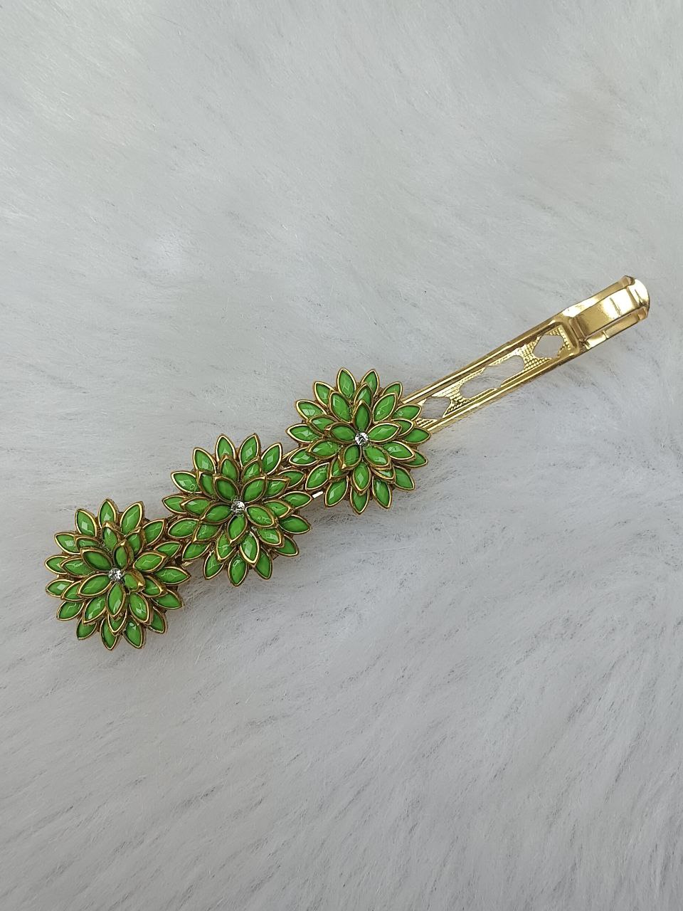 Emerald green floral designer hair clip with gold finish emerald green floral stone hair clip for women – gold finish 3.07 inch barrette