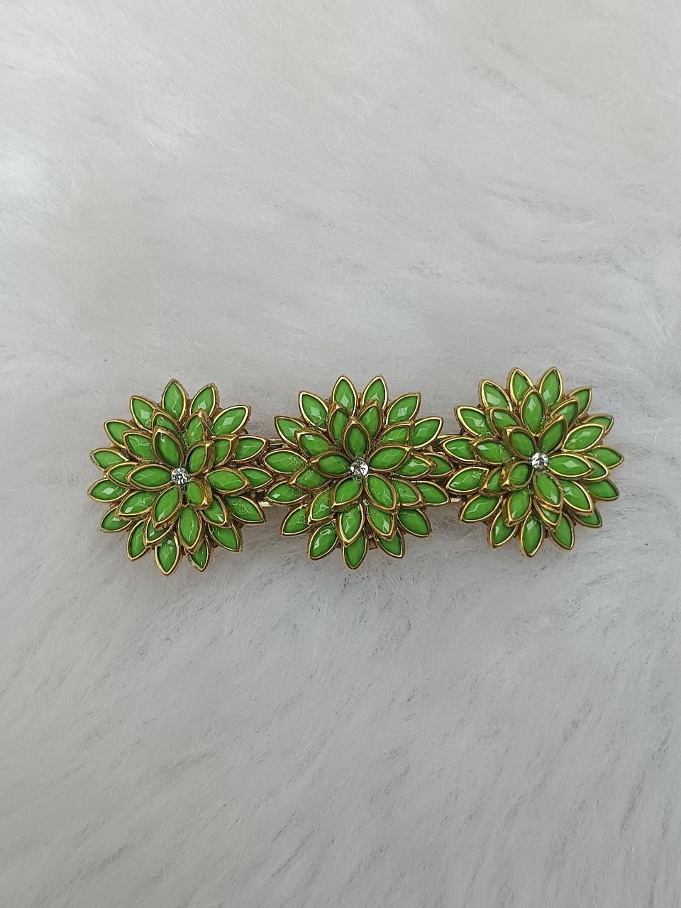 Emerald Green Floral Stone Hair Clip for Women – Gold Finish 3.07 Inch Barrette