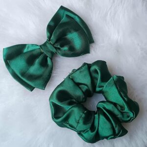 bow hair clip and scrunchies combo pack – dark green | elegant fabric hair bow clip with matching scrunchie for girls & women