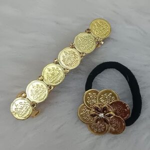 gold coin barrette hair clip & hair band set for women – vintage ethnic metal hair accessories with antique coin design