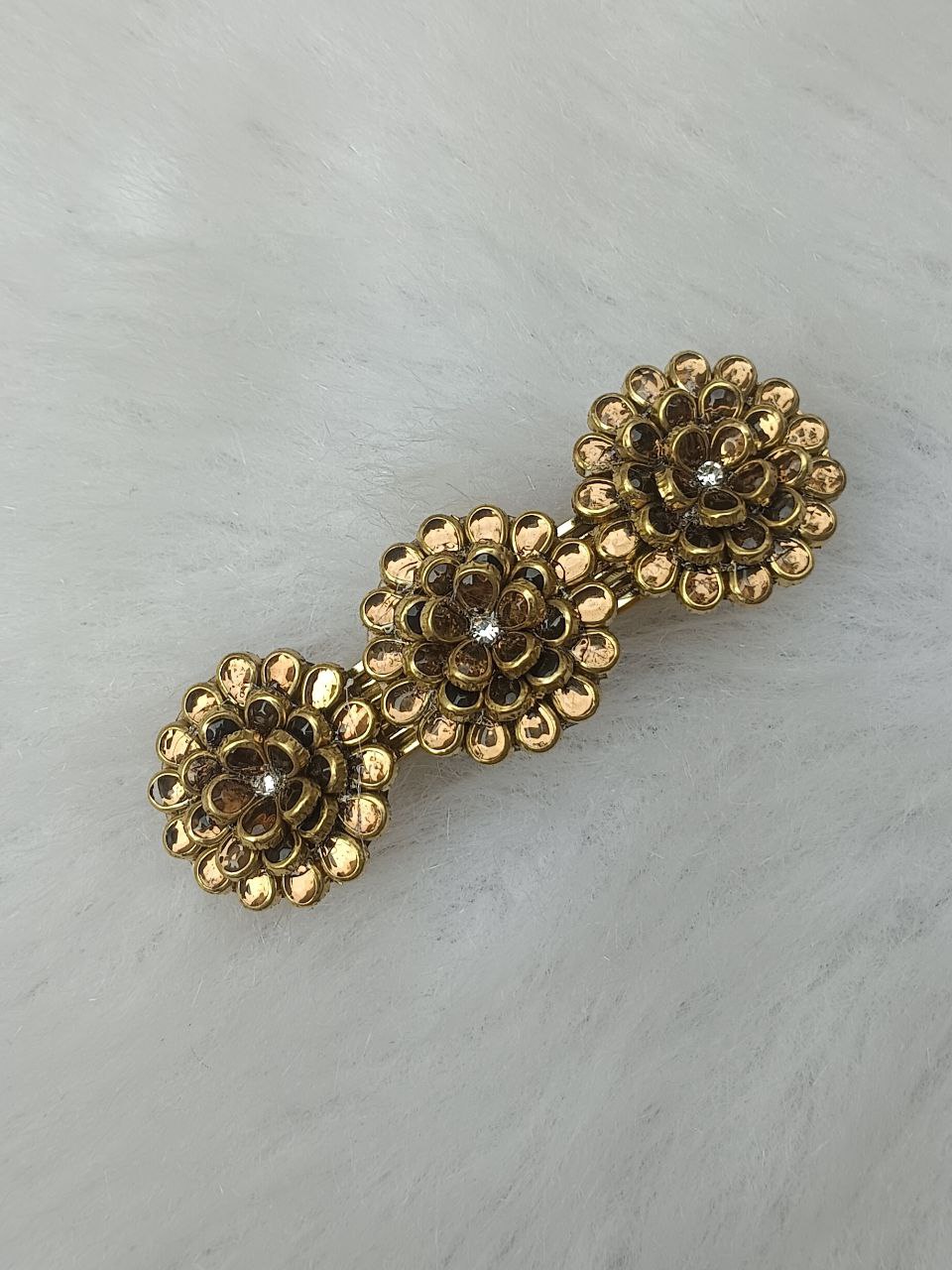 Antique Gold Floral Stone Hair Clip for Women – Elegant 3.07 Inch Barrette