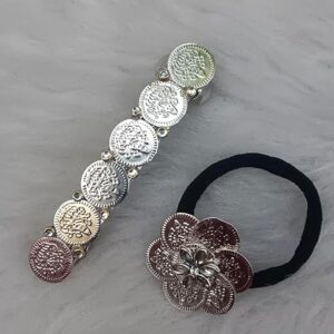 silver coin barrette hair clip & hair band set for women – vintage ethnic metal hair accessories with traditional coin design